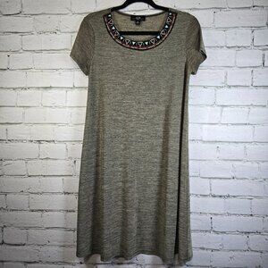 AGB SHIFT DRESS OLIVE GREEN BEADED NECKLINE SHORT SLEEVE SIZE 6